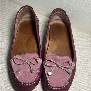 UGG Burgundy and Pink Moccasins with Bow Detail